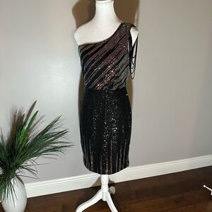 Black and Gold Sequin Embellished One Shoulder Cocktail Dress